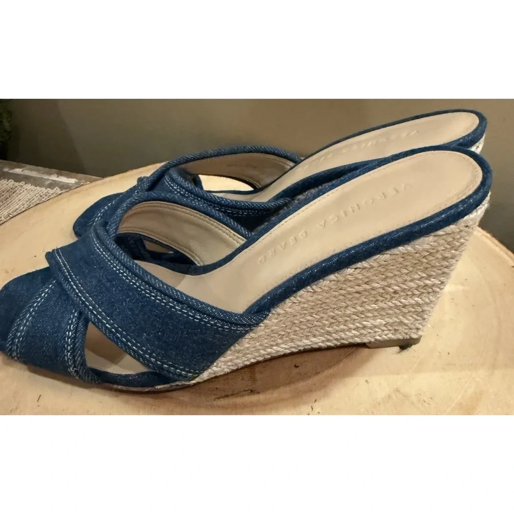 Veronica Beard Edna‎ Denim Wedge Espadrille Open Toe Sandals Size 7.5 New 395$